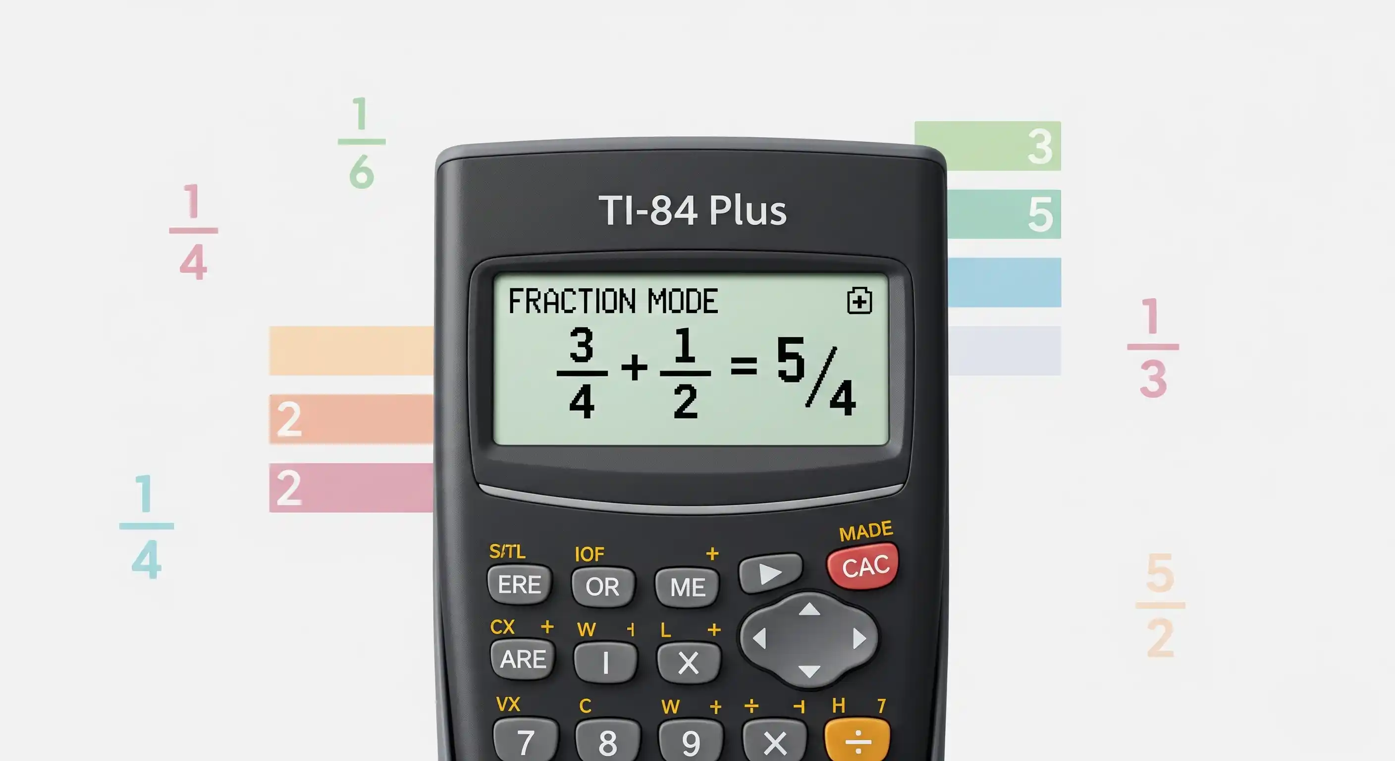 TI-84 Plus calculator in fraction mode showing 3/4 + 1/2 = 5/4 calculation with colorful fraction elements