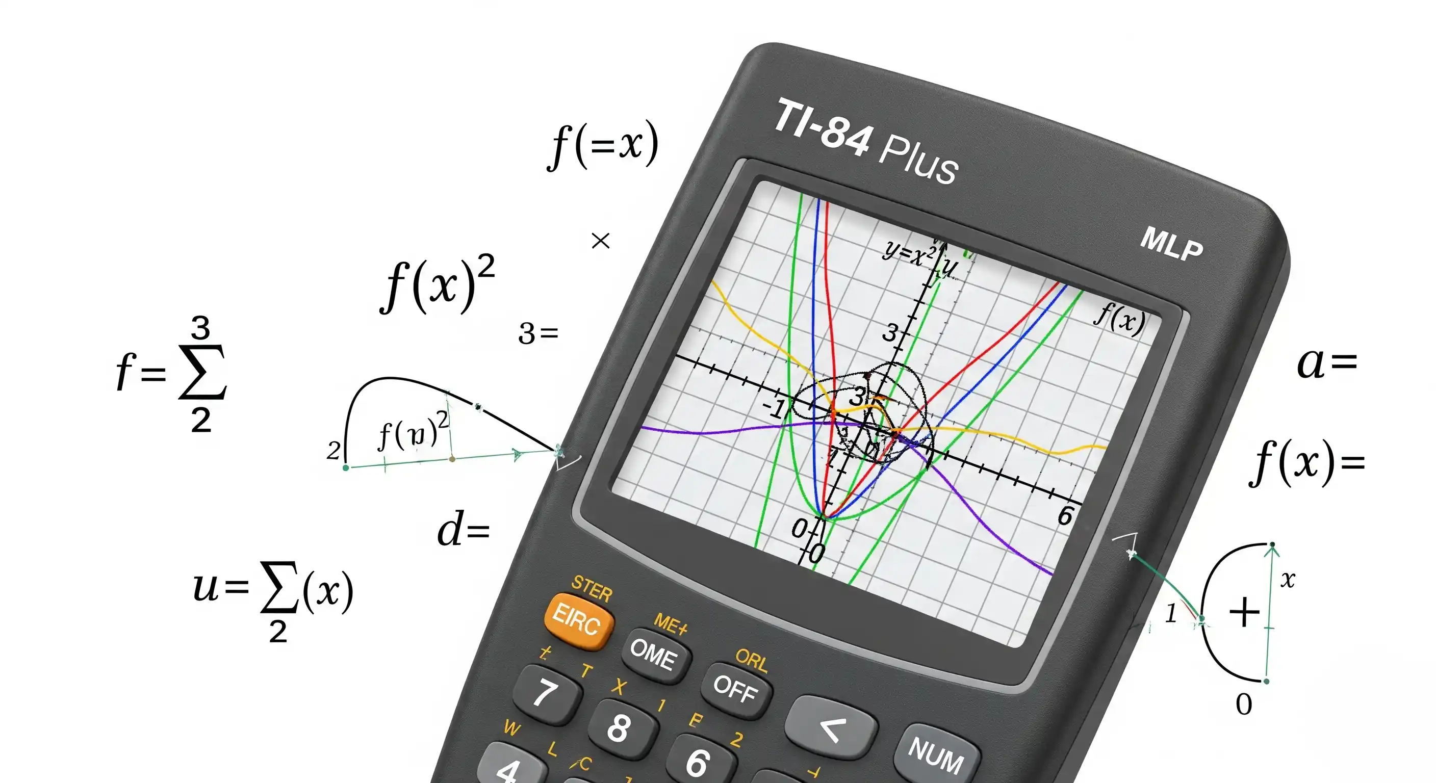 TI-84 Plus calculator showing colorful function graphs with mathematical equations and coordinate plane