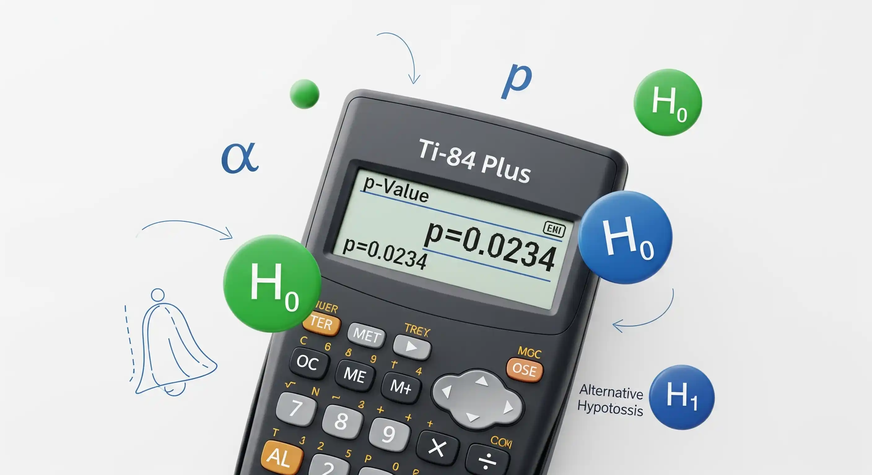 TI-84 Plus calculator displaying p-value calculation with hypothesis testing symbols and results