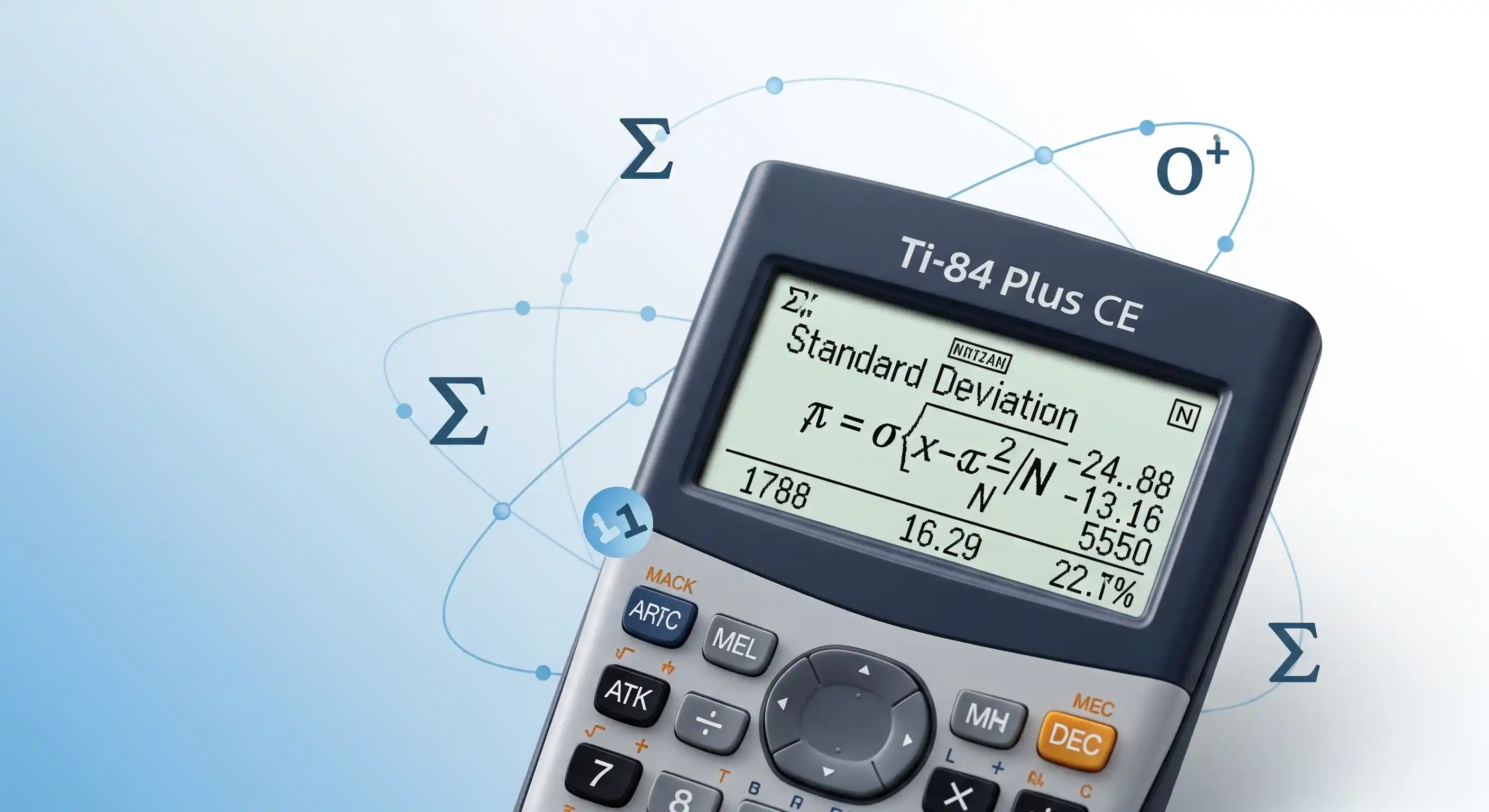 TI-84 Plus CE calculator displaying standard deviation calculation with mathematical formulas and statistical data