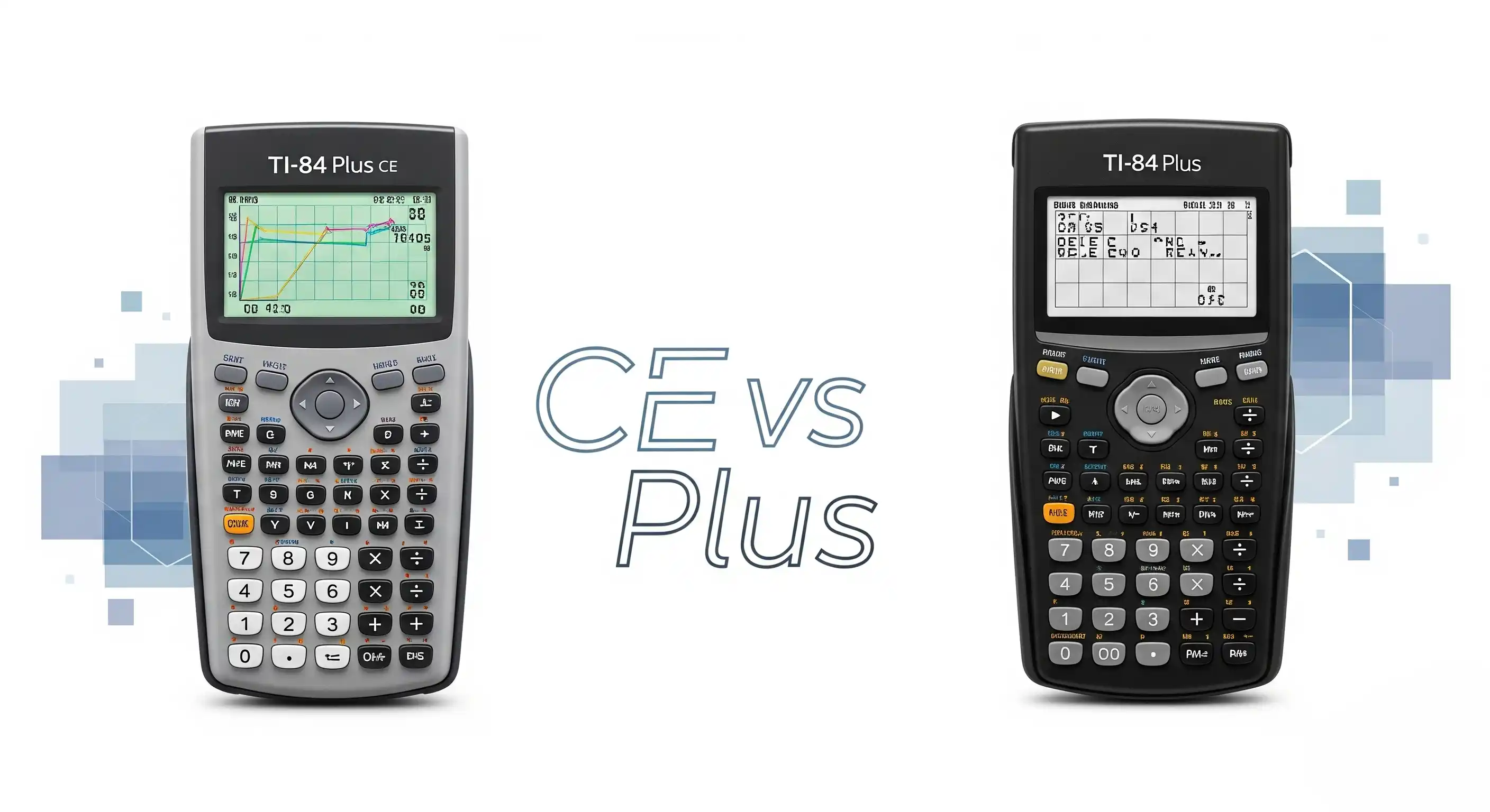 Comparison between TI-84 Plus CE and TI-84 Plus calculators highlighting design and feature differences
