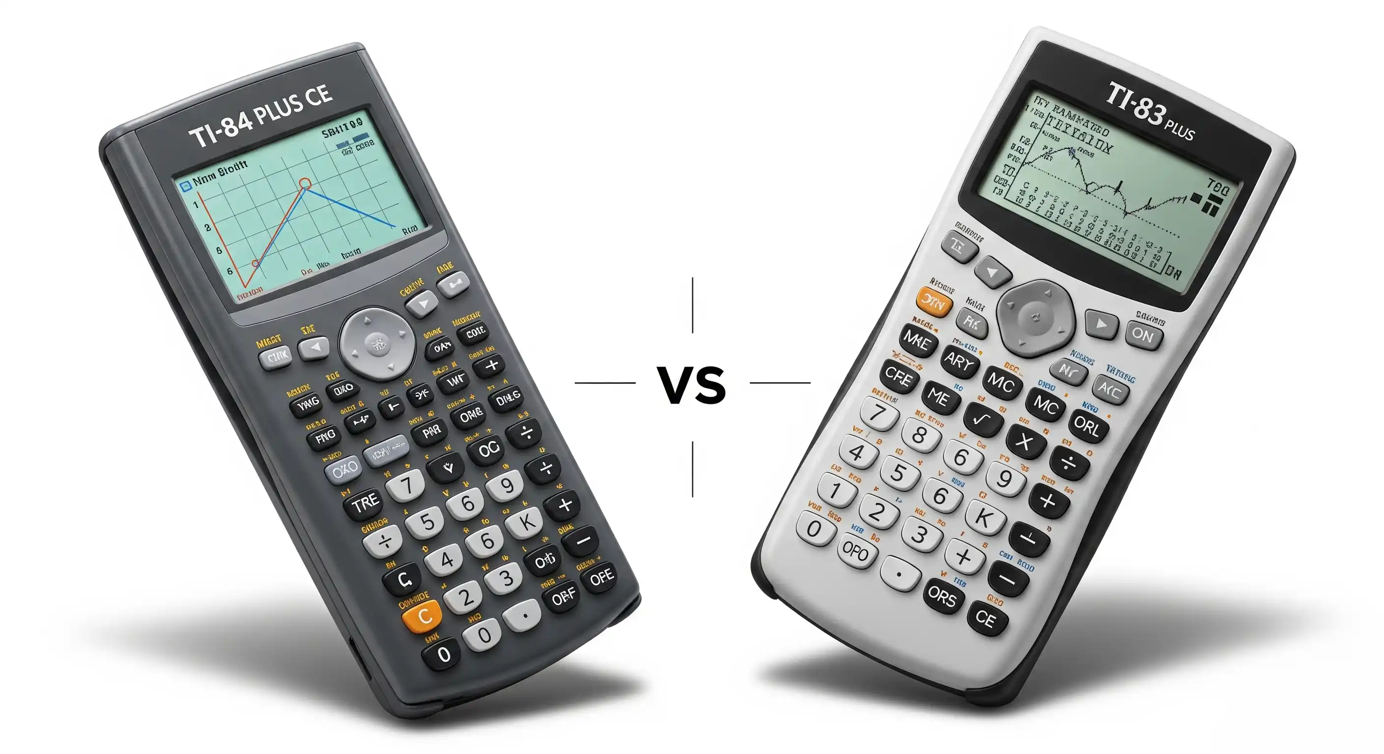Side by side comparison of TI-84 Plus CE and TI-83 Plus calculators showing key differences