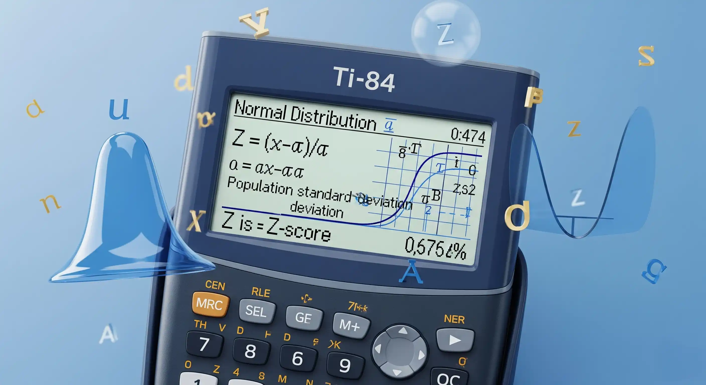 TI-84 calculator showing normal distribution and Z-score calculation with statistical formulas